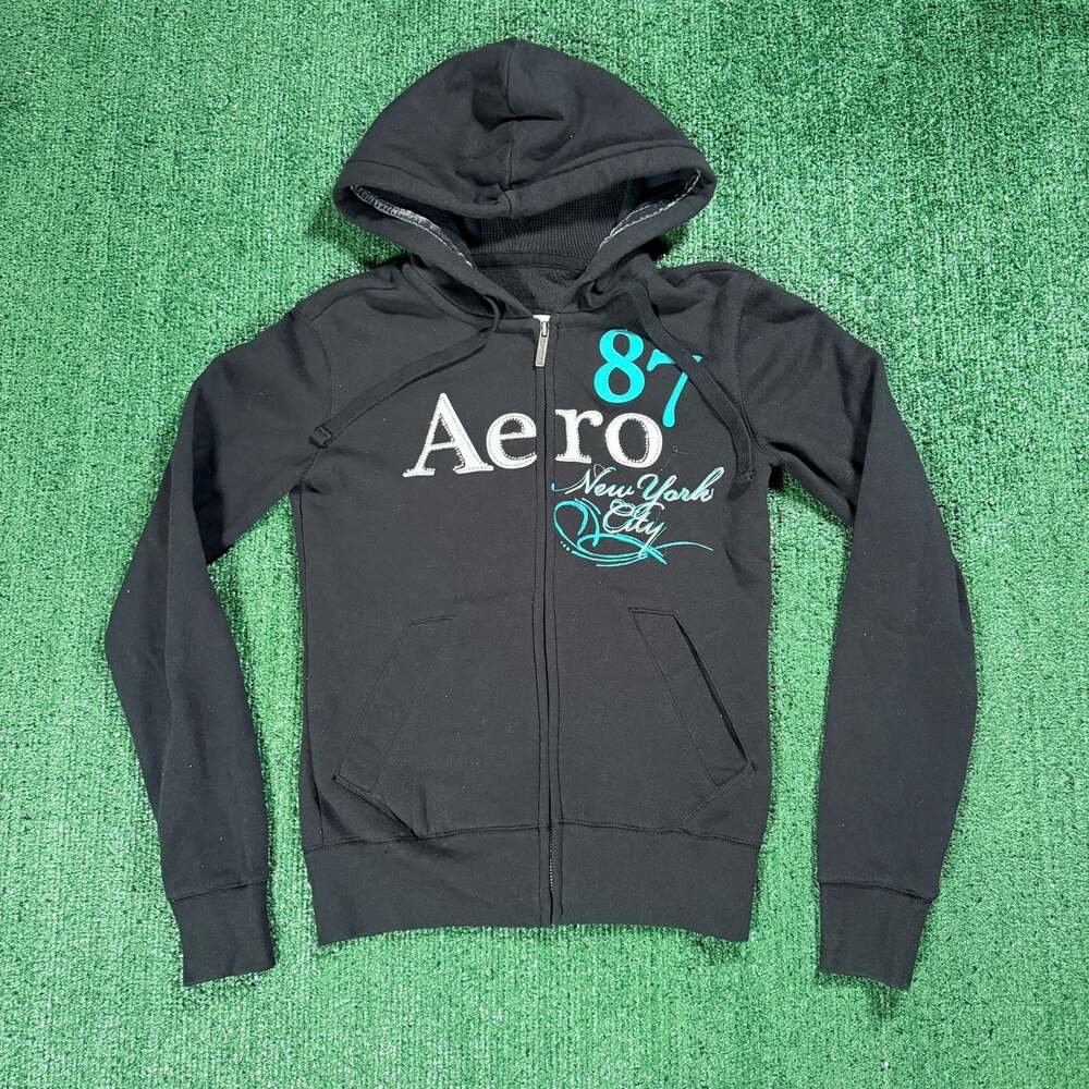 Y2K Womens Aeropostale Black Full Zip Hoodie Embroidered Small